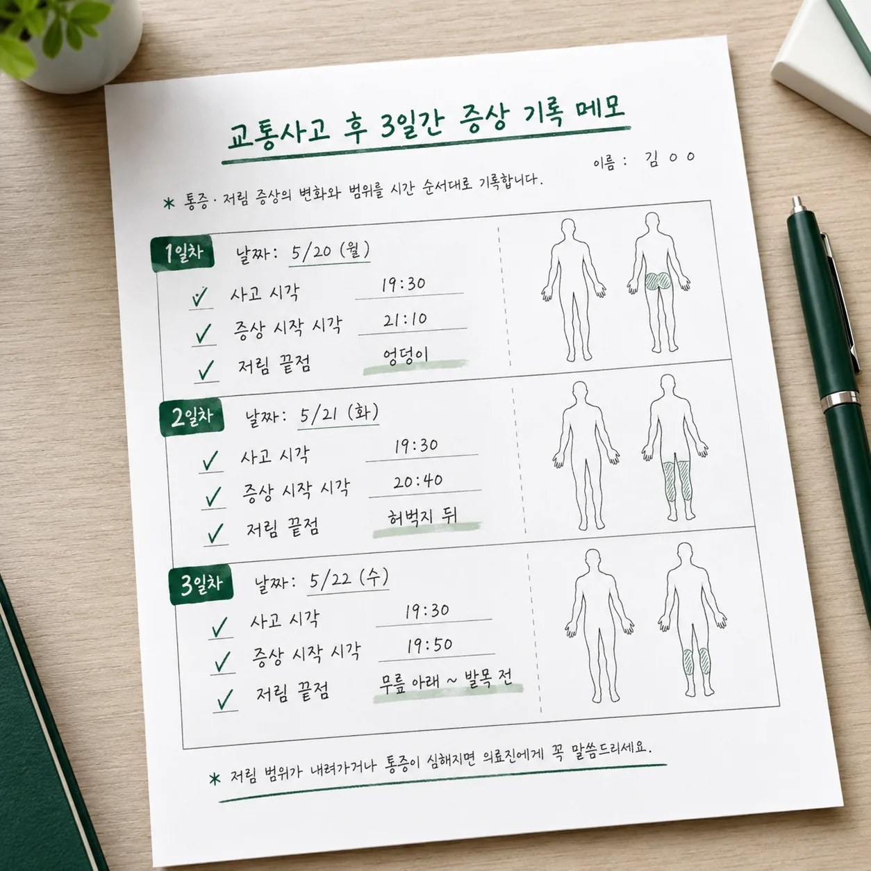 교통사고 후 사흘치 증상 기록 메모 예시