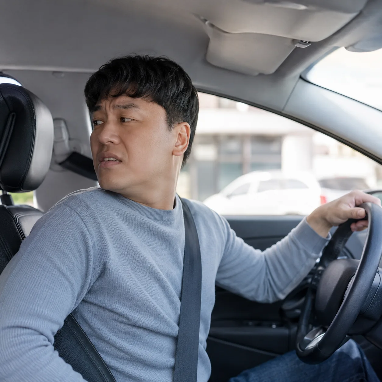 교통사고 며칠 뒤 통증으로 고개 돌리는 각도가 줄어든 모습