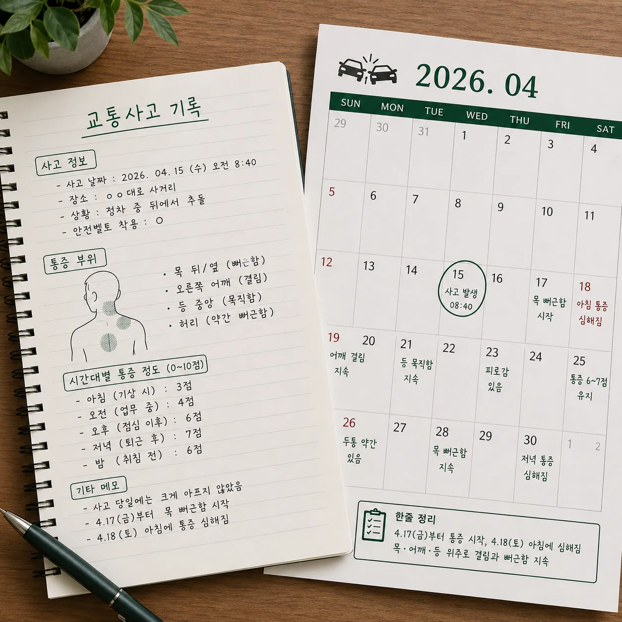 교통사고 후 증상 변화를 날짜별로 기록한 메모