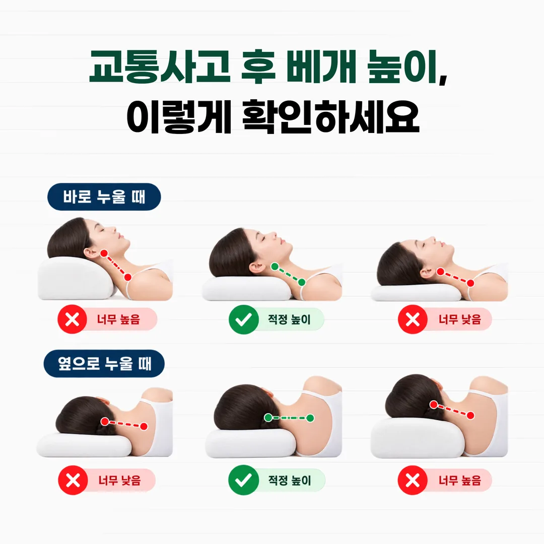 교통사고 후 베개 높이에 따라 바로 누울 때와 옆으로 누울 때 목 정렬이 달라지는 비교