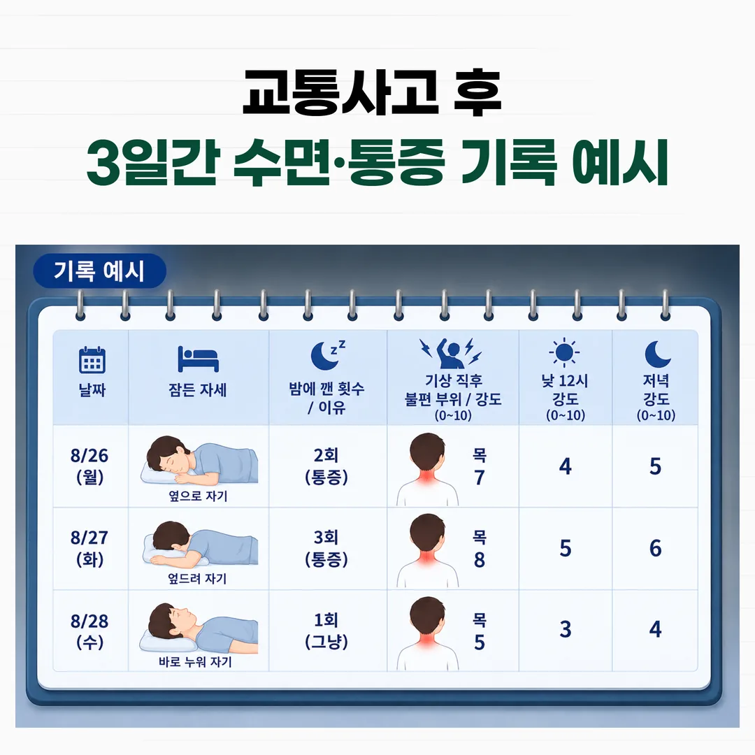 교통사고 후 잠자는 자세와 아침 통증 강도를 사흘간 적은 기록표 예시