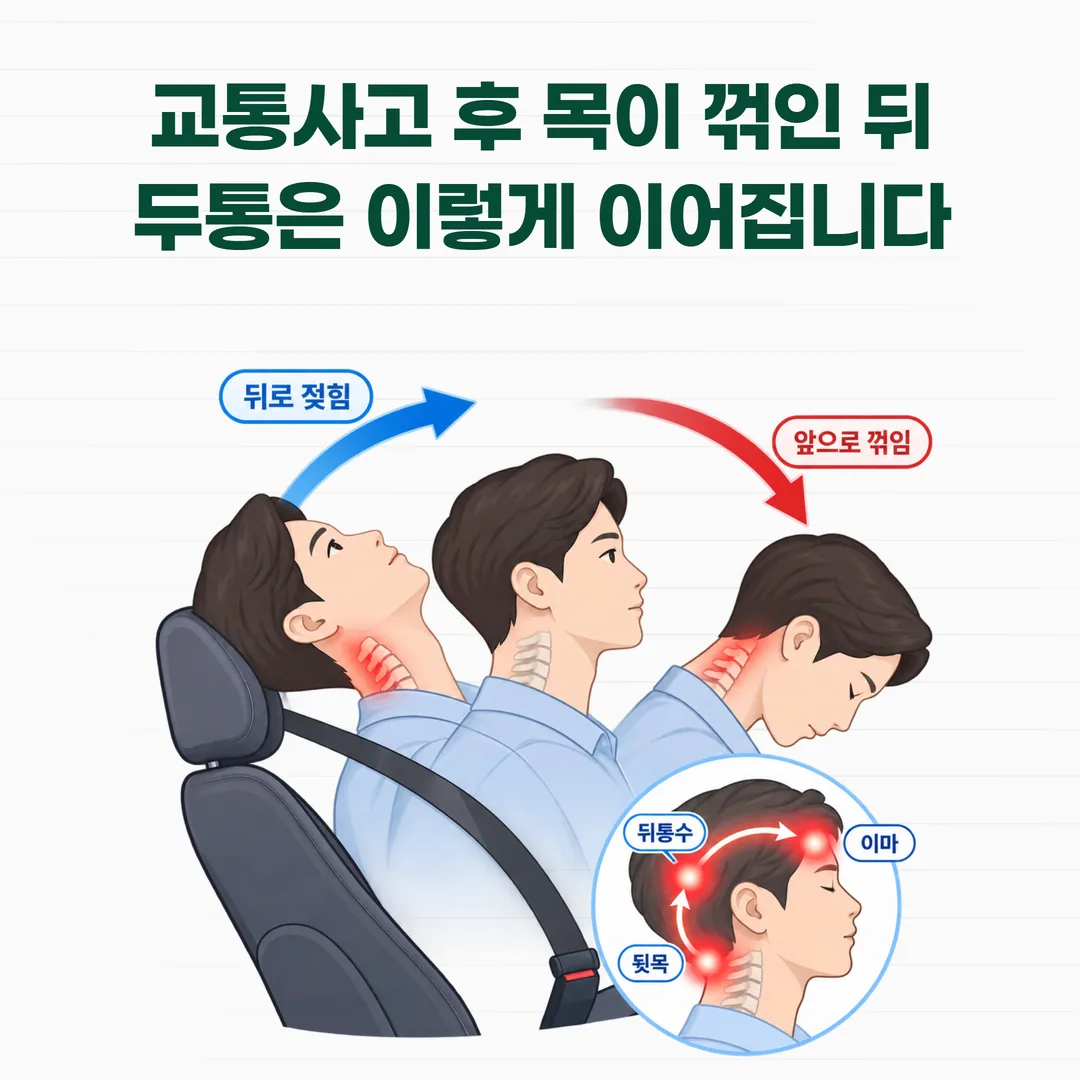 교통사고 때 목이 과신전·과굴곡되는 움직임과 두통이 나타나는 자리를 나타낸 개념도