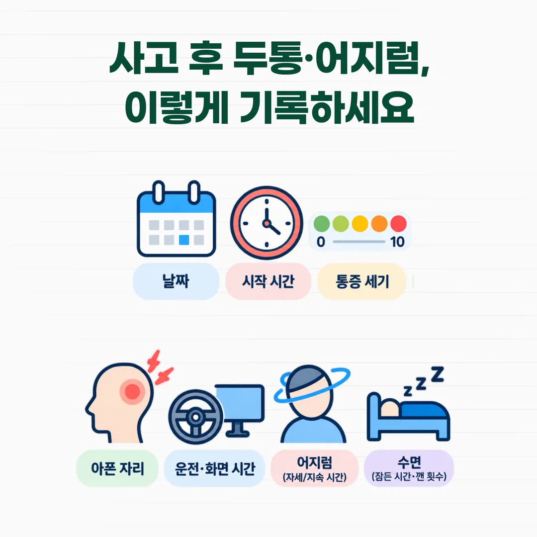 사고 후 두통 일지에 하루 한 줄로 적을 기록 항목을 정리한 양식 카드