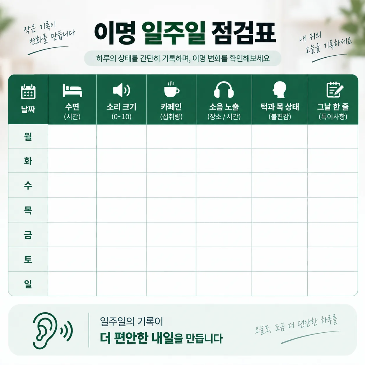 이명 악화 요인을 일주일 동안 기록하는 일곱 칸짜리 점검표 양식