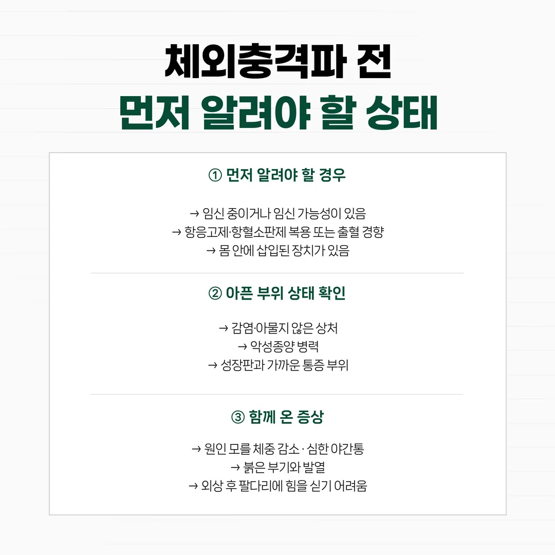 통증 확인 후 체외충격파 적용 방향을 상담에서 정하는 순서 도해
