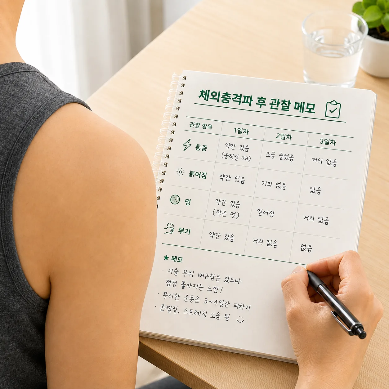 체외충격파 시술 후 자극 부위 반응을 날짜별로 기록한 관찰 메모