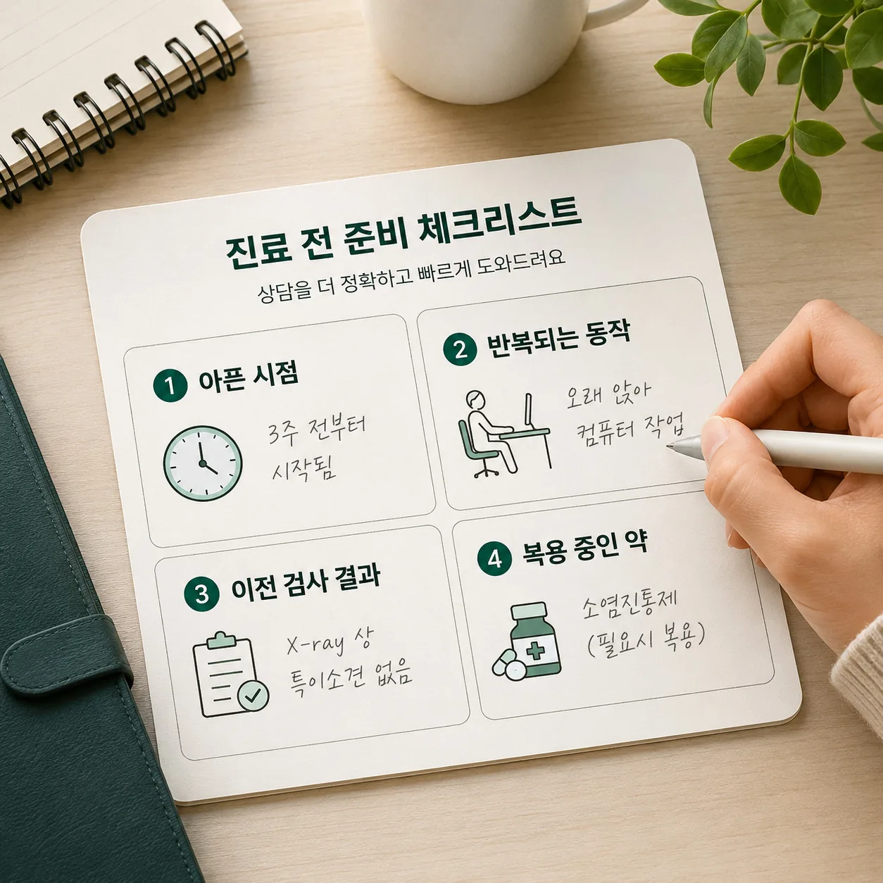 상담 전에 정리해 두면 좋은 네 가지 항목 메모 카드