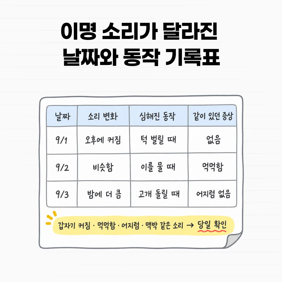 이명이 달라진 동작과 날짜를 적어 둔 관찰 기록지