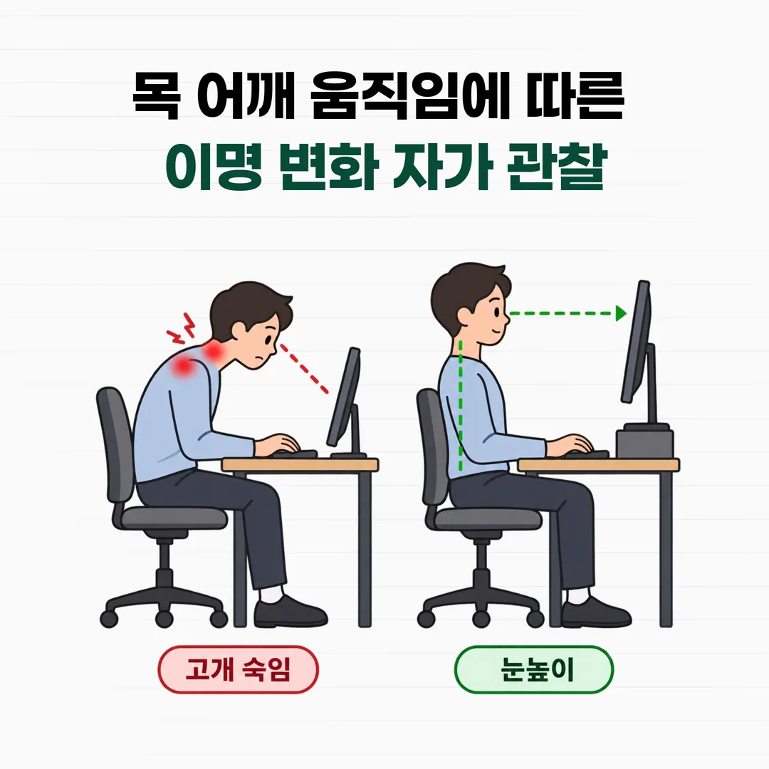 거북목 자세와 눈높이에 맞춘 자세 비교
