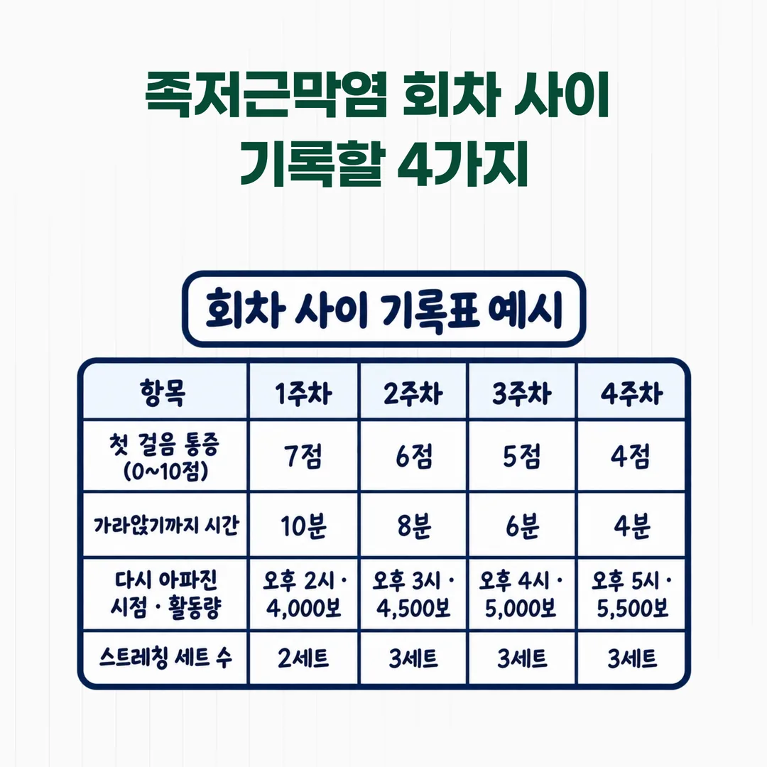 아침 첫발 통증과 스트레칭 이행을 4주간 적는 기록표 예시