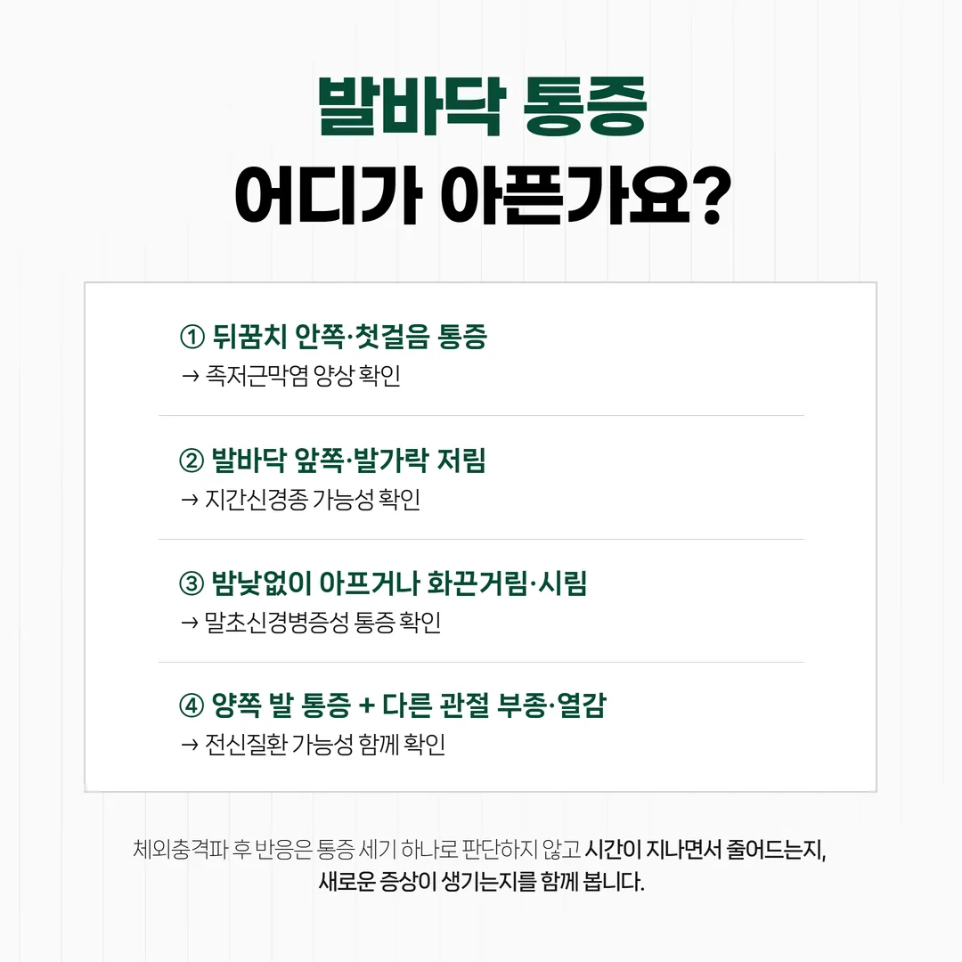 발바닥 통증의 위치와 양상에 따라 먼저 가릴 것을 나눈 갈림 개념도
